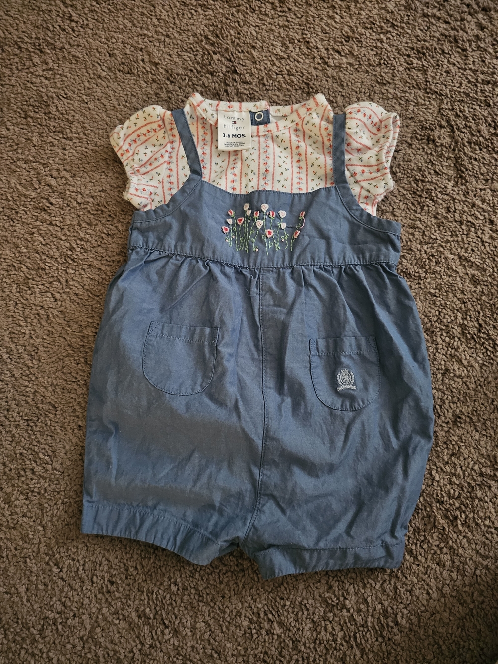 Tommy Hilfiger Blue Floral Embroidered Baby Romper - 3-6 Months